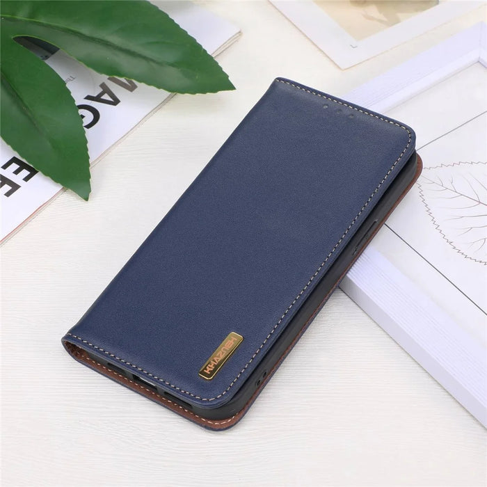 KHAZNEH For Nokia C32 RFID Blocking Case Genuine Cowhide Leather Stand Wallet Phone Cover - Blue - 6
