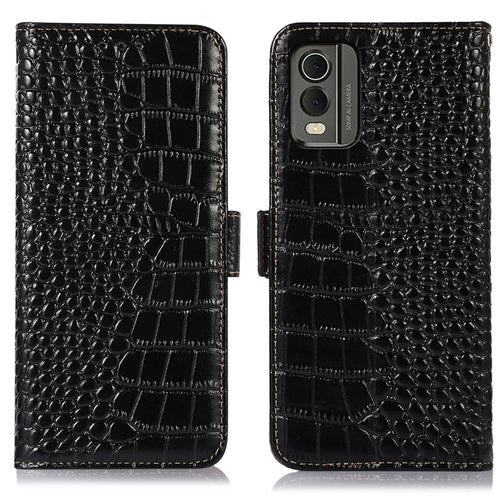 For Nokia C32 RFID Blocking Genuine Cowhide Leather Phone Case Stand Phone Wallet Cover - Black - 1