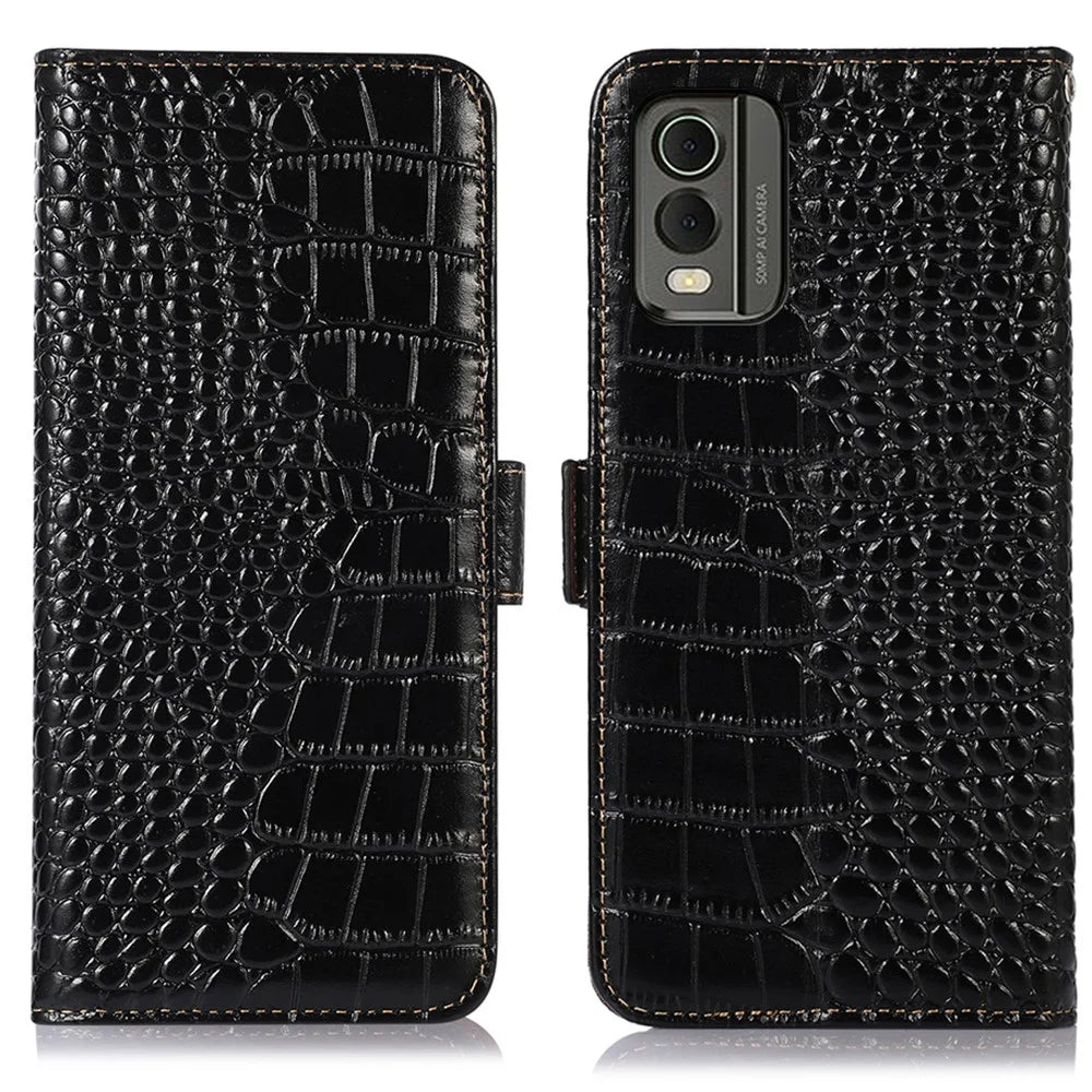 For Nokia C32 RFID Blocking Genuine Cowhide Leather Phone Case Stand Phone Wallet Cover - Black - 1