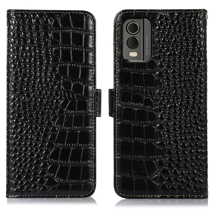 For Nokia C32 RFID Blocking Genuine Cowhide Leather Phone Case Stand Phone Wallet Cover - Black - 1