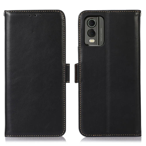 For Nokia C32 RFID Blocking Stand Phone Case Genuine Cowhide Leather Wallet Cover - Black - 1