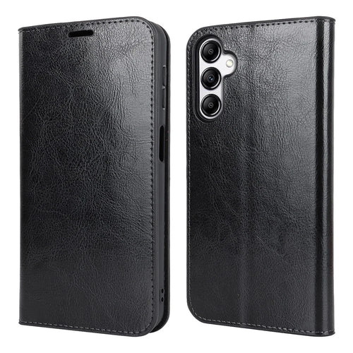 Genuine Cow Leather Phone Cover for Samsung Galaxy A24 4G (162.1 x 77.6 x 8.3mm) Crazy Horse Texture Anti-drop Phone Case with Wallet - Black - 1
