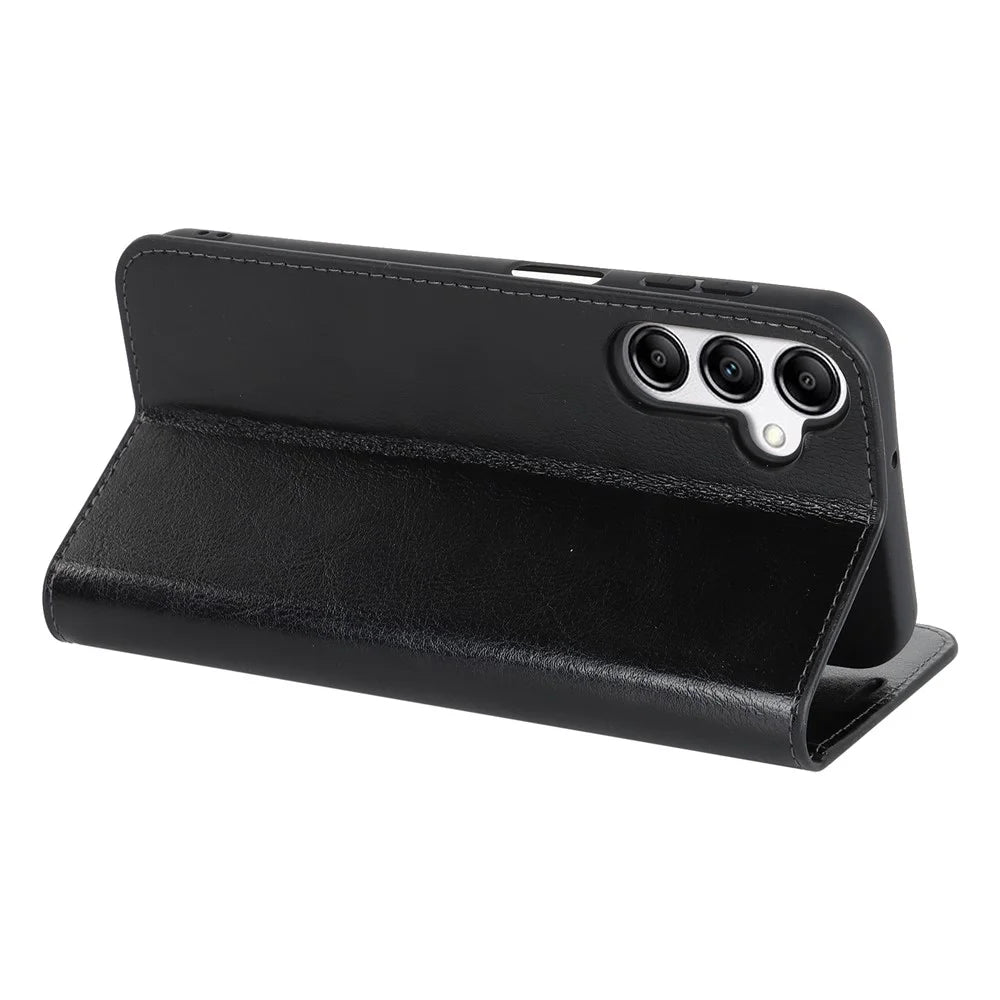 Genuine Cow Leather Phone Cover for Samsung Galaxy A24 4G (162.1 x 77.6 x 8.3mm) Crazy Horse Texture Anti-drop Phone Case with Wallet - Black - 4