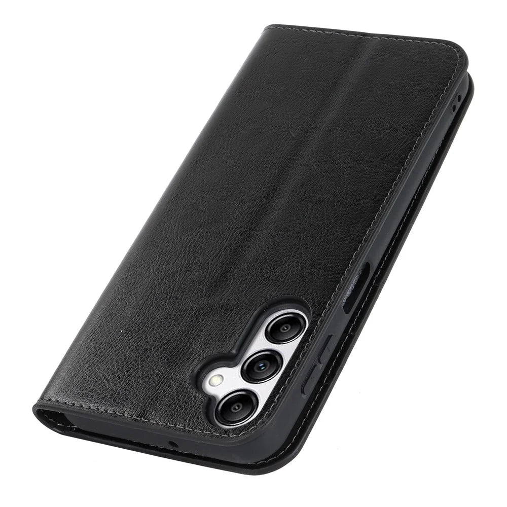Genuine Cow Leather Phone Cover for Samsung Galaxy A24 4G (162.1 x 77.6 x 8.3mm) Crazy Horse Texture Anti-drop Phone Case with Wallet - Black - 6