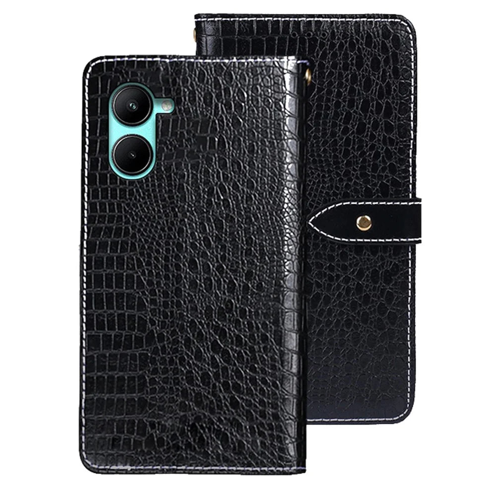 IDEWEI For Realme C33 2023 4G / C33 4G Stand Crocodile Texture Flip Leather Phone Cover Wallet Phone Case - Black - 1