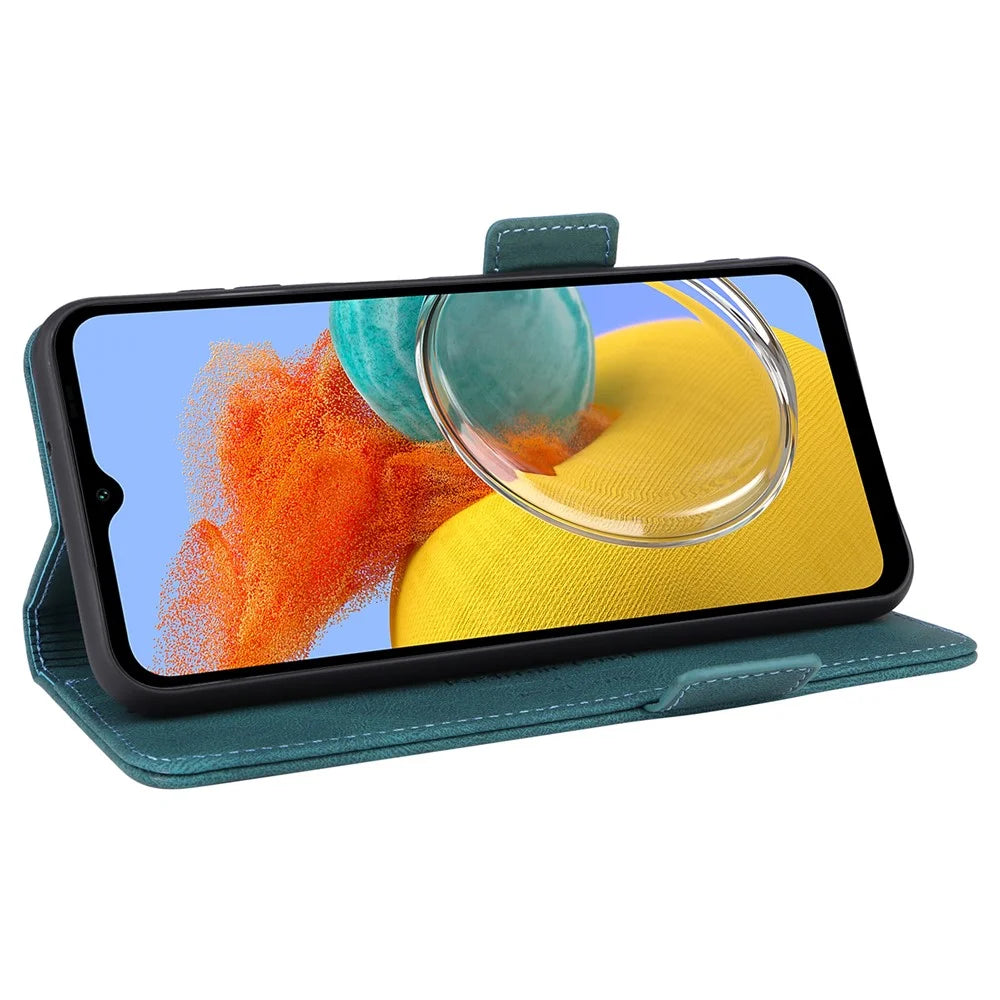 For Samsung Galaxy M14 5G Leather Wallet Phone Case Hardware Decor Flip Stand Cover - Blue - 3