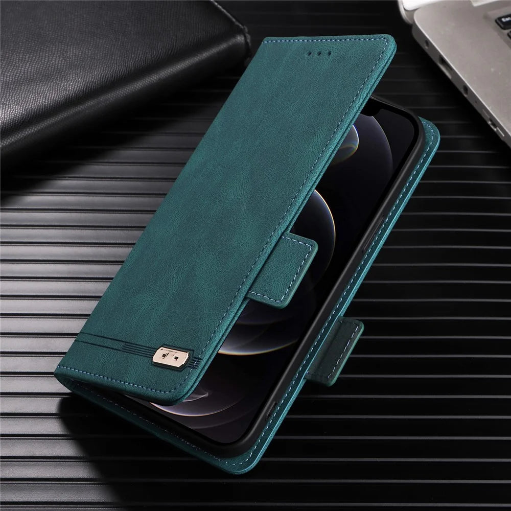 For Samsung Galaxy M14 5G Leather Wallet Phone Case Hardware Decor Flip Stand Cover - Blue - 5