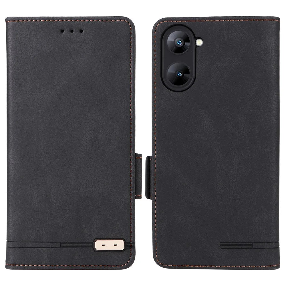 For Realme V30 / V30t 5G Hardware Decor PU Leather Phone Case Drop-proof Wallet Stand Cover - Black - 1