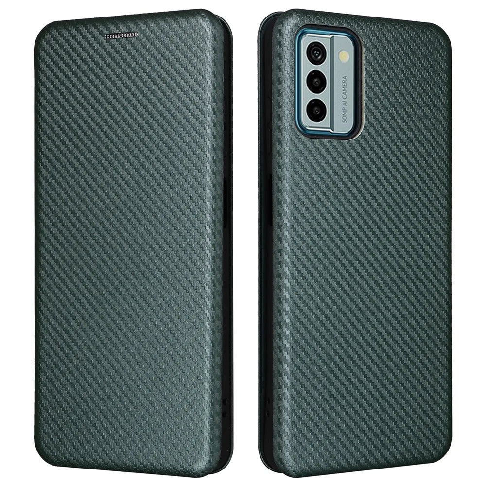 For Nokia G22 Carbon Fiber Texture Leather Case Flip Folio Stand Phone Cover with Card Holder - Green - 1