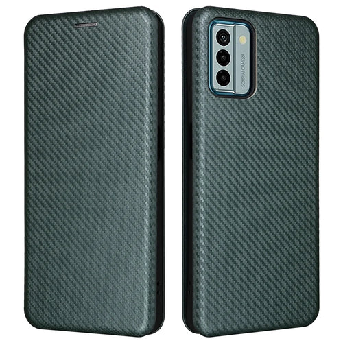 For Nokia G22 Carbon Fiber Texture Leather Case Flip Folio Stand Phone Cover with Card Holder - Green - 1