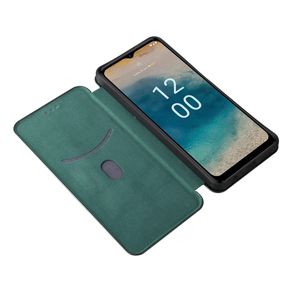 For Nokia G22 Carbon Fiber Texture Leather Case Flip Folio Stand Phone Cover with Card Holder - Green - 2