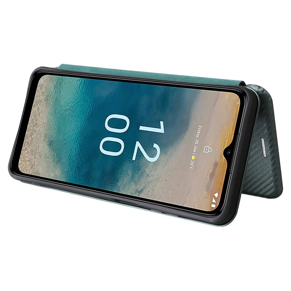 For Nokia G22 Carbon Fiber Texture Leather Case Flip Folio Stand Phone Cover with Card Holder - Green - 4
