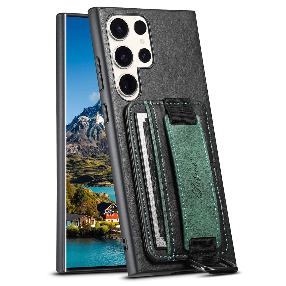 SUTENI H13 For Samsung Galaxy S23 Ultra Card Holder Phone Cover Leather Coated PC+TPU Shell Kickstand Case with Hand Strap - Black - 1