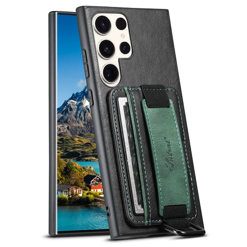 SUTENI H13 For Samsung Galaxy S23 Ultra Card Holder Phone Cover Leather Coated PC+TPU Shell Kickstand Case with Hand Strap - Black - 1
