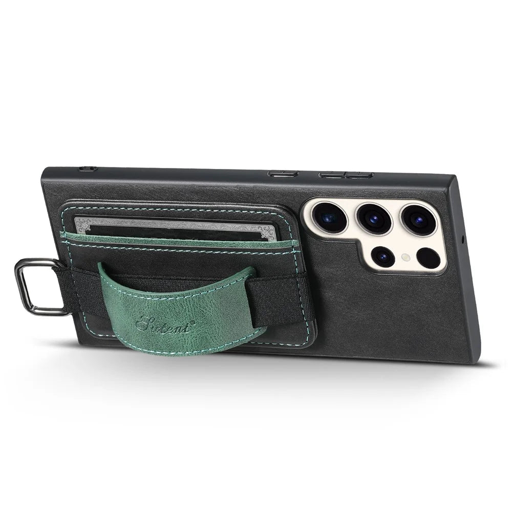 SUTENI H13 For Samsung Galaxy S23 Ultra Card Holder Phone Cover Leather Coated PC+TPU Shell Kickstand Case with Hand Strap - Black - 2