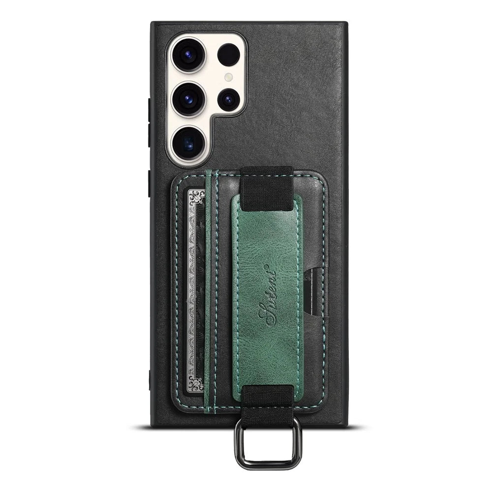 SUTENI H13 For Samsung Galaxy S23 Ultra Card Holder Phone Cover Leather Coated PC+TPU Shell Kickstand Case with Hand Strap - Black - 3