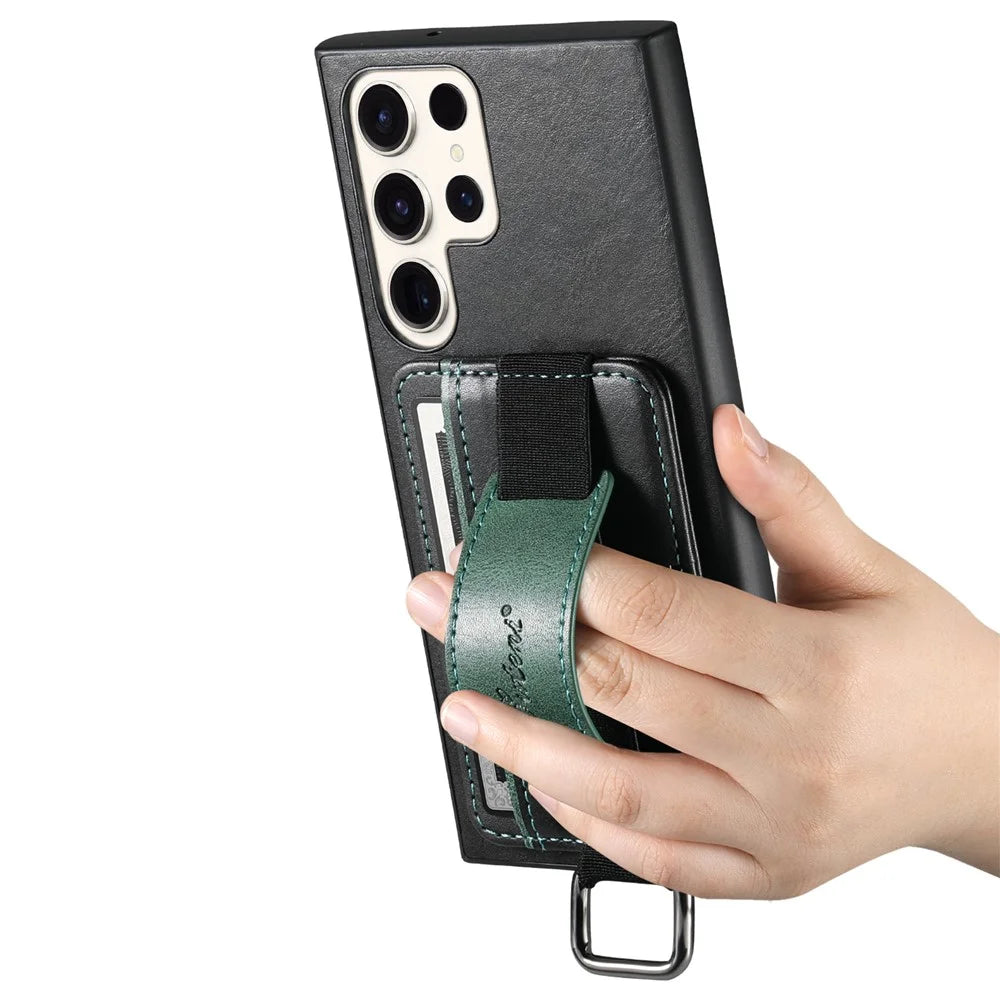 SUTENI H13 For Samsung Galaxy S23 Ultra Card Holder Phone Cover Leather Coated PC+TPU Shell Kickstand Case with Hand Strap - Black - 4