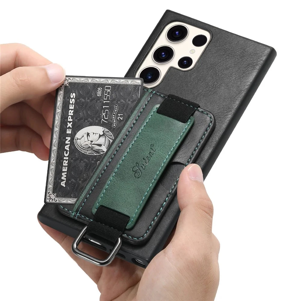 SUTENI H13 For Samsung Galaxy S23 Ultra Card Holder Phone Cover Leather Coated PC+TPU Shell Kickstand Case with Hand Strap - Black - 5