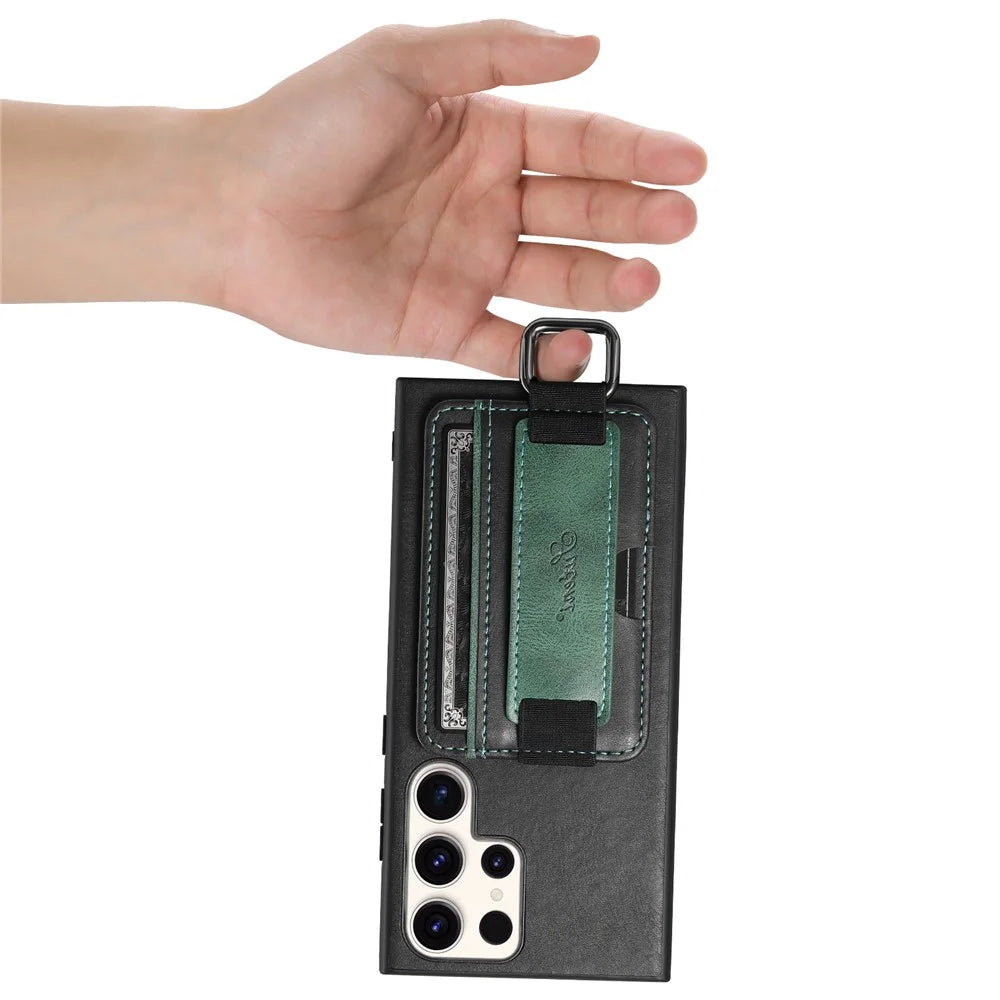 SUTENI H13 For Samsung Galaxy S23 Ultra Card Holder Phone Cover Leather Coated PC+TPU Shell Kickstand Case with Hand Strap - Black - 6
