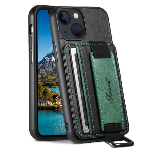 SUTENI H13 For iPhone 13 mini 5.4 inch Leather Coated PC+TPU Shell, Kickstand Case Card Holder Phone Cover with Hand Strap - Black - 1