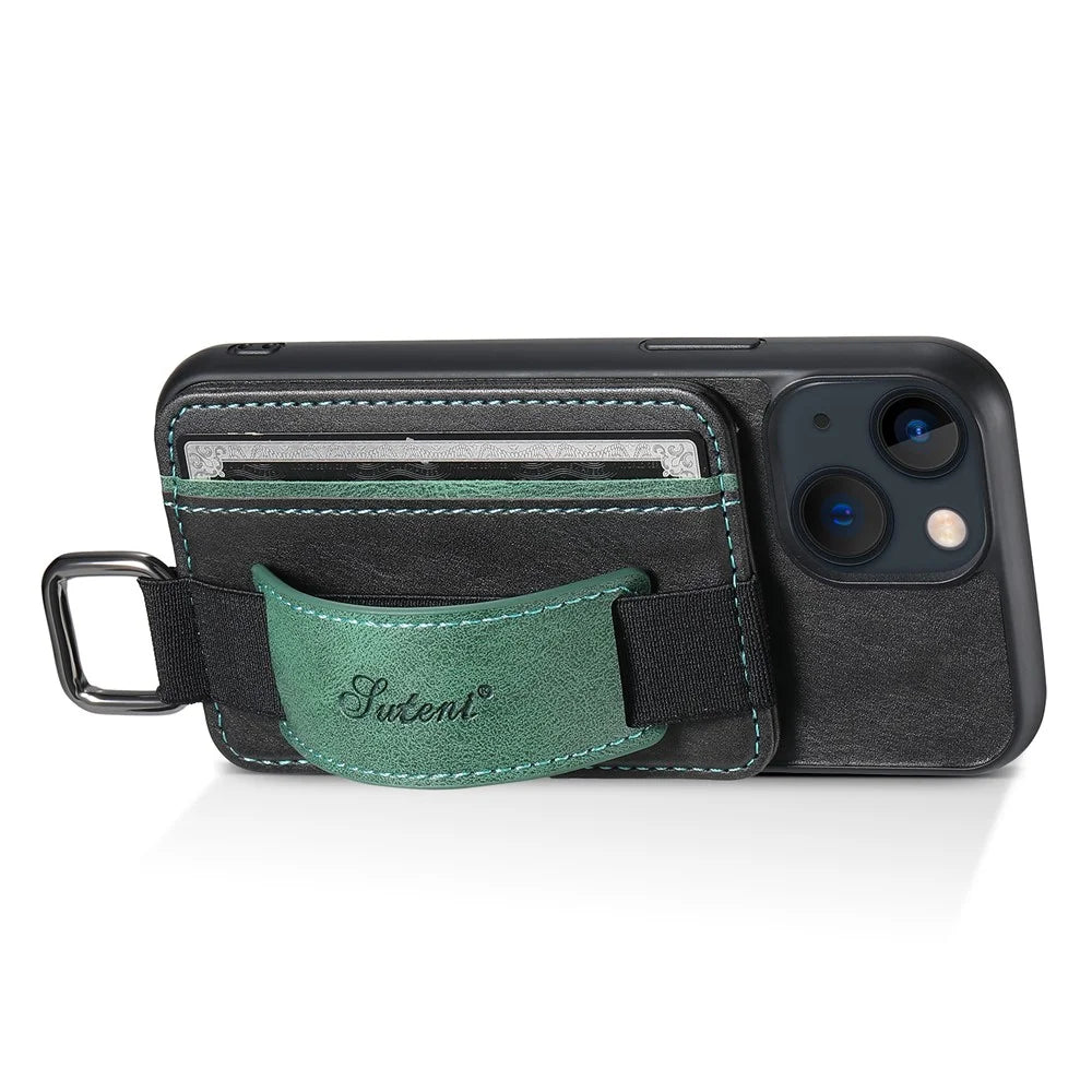 SUTENI H13 For iPhone 13 mini 5.4 inch Leather Coated PC+TPU Shell, Kickstand Case Card Holder Phone Cover with Hand Strap - Black - 2