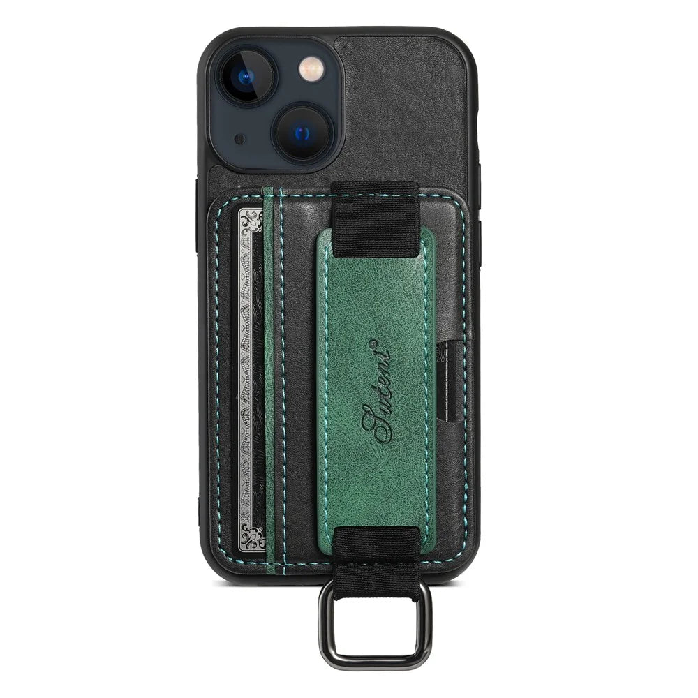 SUTENI H13 For iPhone 13 mini 5.4 inch Leather Coated PC+TPU Shell, Kickstand Case Card Holder Phone Cover with Hand Strap - Black - 3