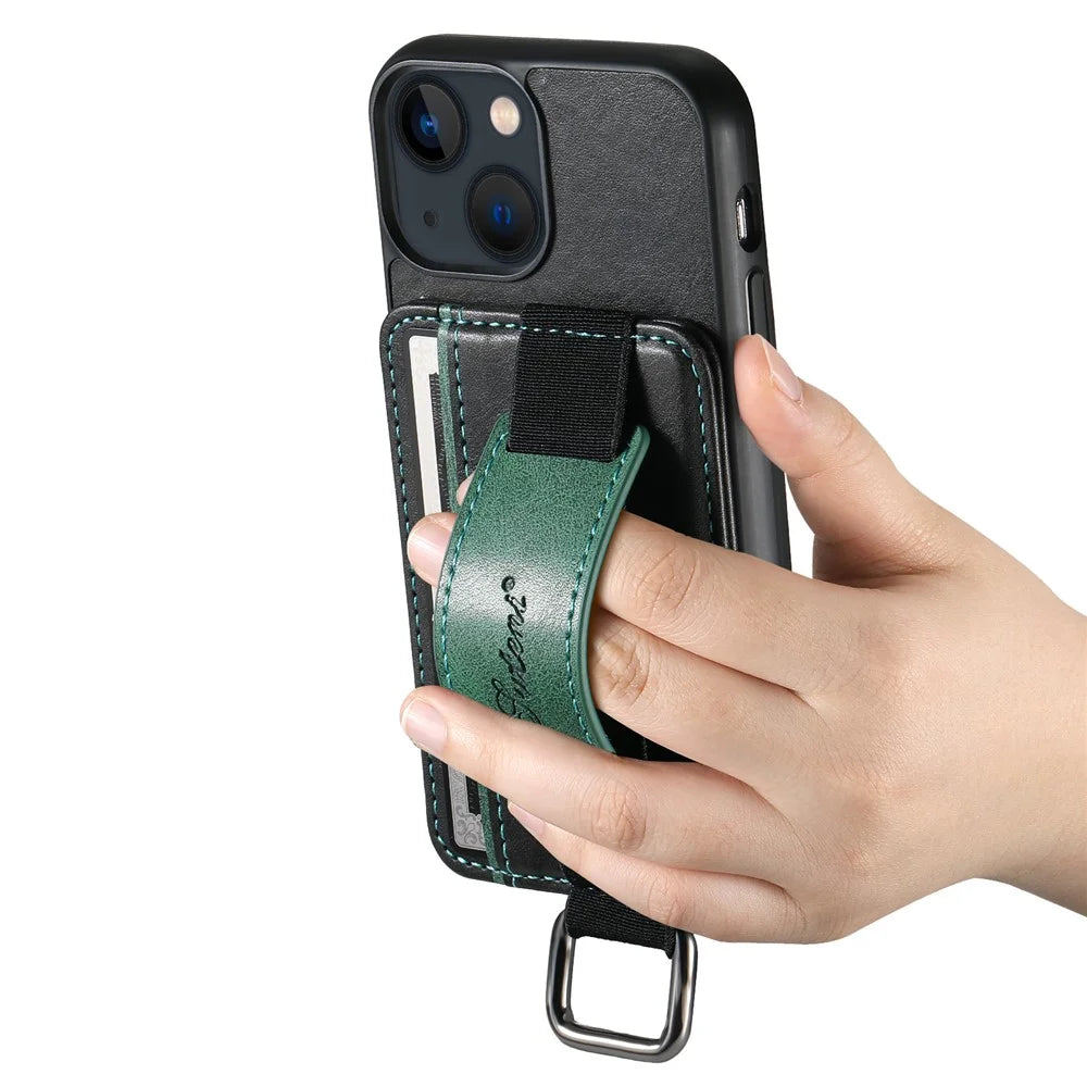 SUTENI H13 For iPhone 13 mini 5.4 inch Leather Coated PC+TPU Shell, Kickstand Case Card Holder Phone Cover with Hand Strap - Black - 4