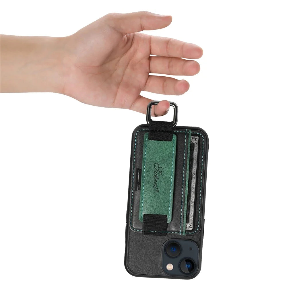SUTENI H13 For iPhone 13 mini 5.4 inch Leather Coated PC+TPU Shell, Kickstand Case Card Holder Phone Cover with Hand Strap - Black - 5