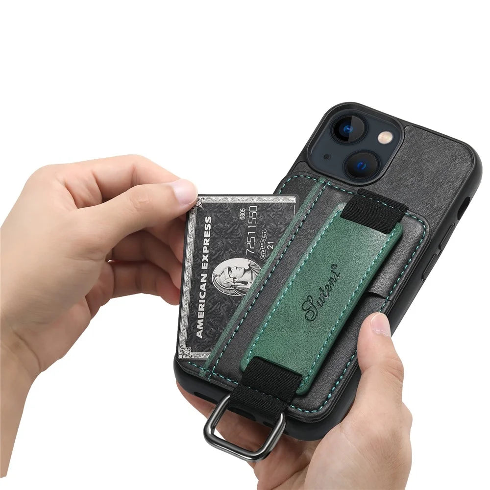 SUTENI H13 For iPhone 13 mini 5.4 inch Leather Coated PC+TPU Shell, Kickstand Case Card Holder Phone Cover with Hand Strap - Black - 6