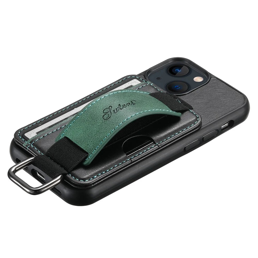 SUTENI H13 For iPhone 13 mini 5.4 inch Leather Coated PC+TPU Shell, Kickstand Case Card Holder Phone Cover with Hand Strap - Black - 7