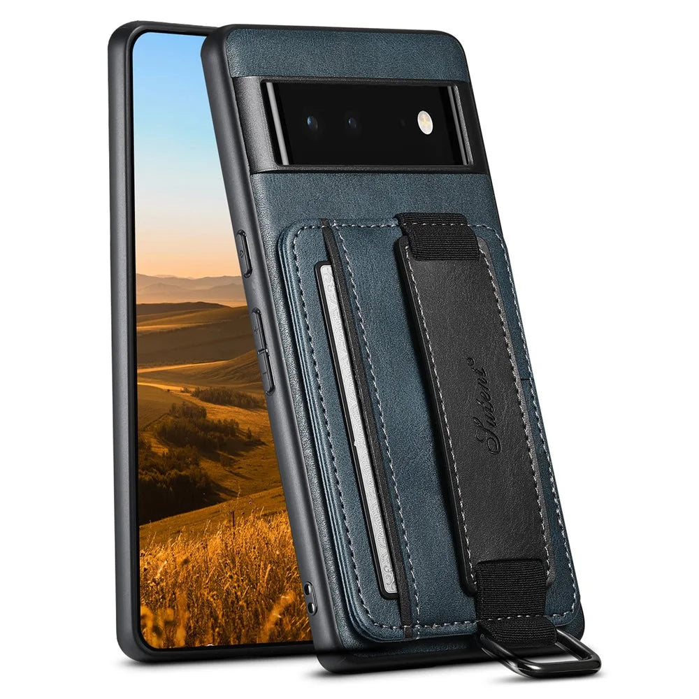 SUTENI H13 For Google Pixel 6 Kickstand Shell, Leather Coated PC+TPU Case Card Holder Phone Cover with Hand Strap - Blue - 1