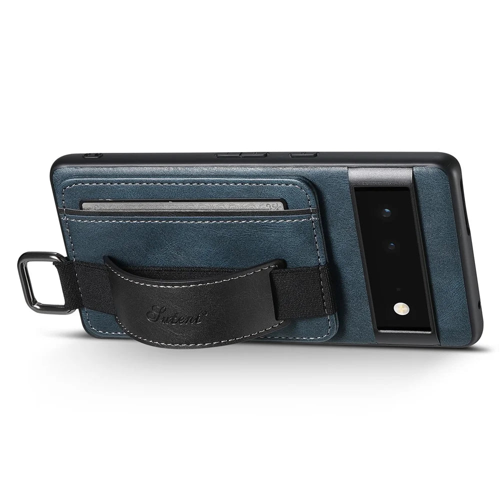 SUTENI H13 For Google Pixel 6 Kickstand Shell, Leather Coated PC+TPU Case Card Holder Phone Cover with Hand Strap - Blue - 2