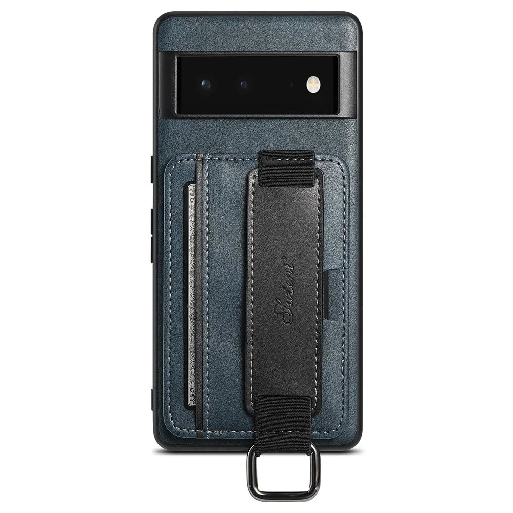 SUTENI H13 For Google Pixel 6 Kickstand Shell, Leather Coated PC+TPU Case Card Holder Phone Cover with Hand Strap - Blue - 3
