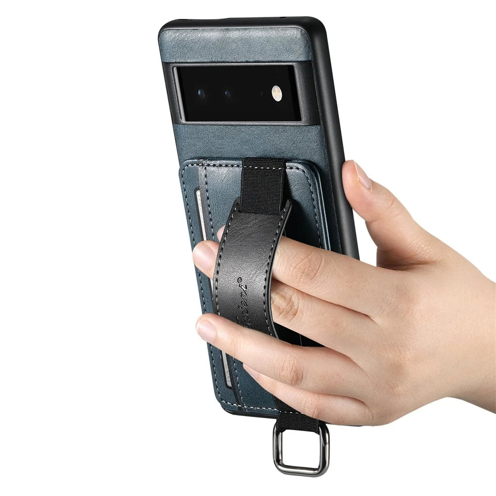 SUTENI H13 For Google Pixel 6 Kickstand Shell, Leather Coated PC+TPU Case Card Holder Phone Cover with Hand Strap - Blue - 5