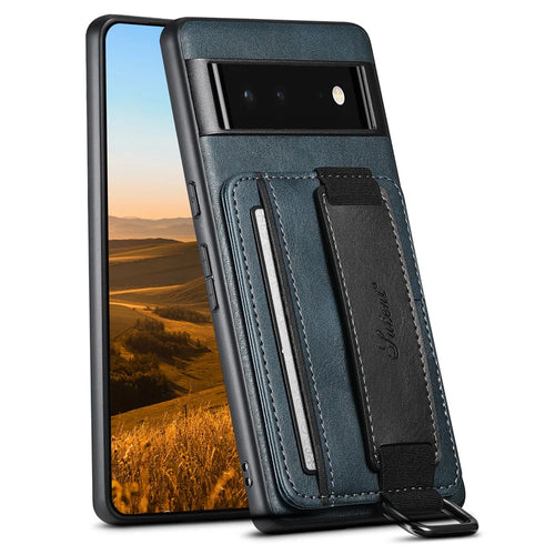 SUTENI H13 Kickstand Shell for Google Pixel 6a Leather Coated PC+TPU Back Case Card Holder Phone Cover with Hand Strap - Blue - 1