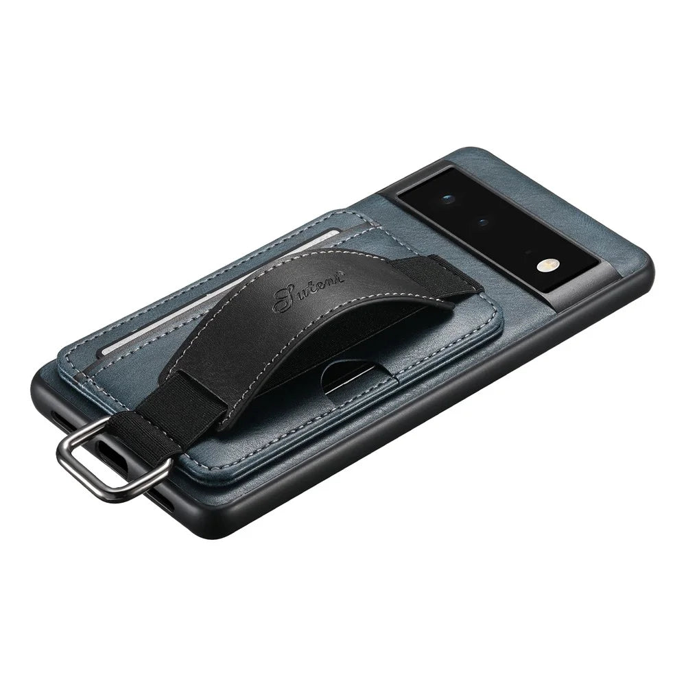 SUTENI H13 Kickstand Shell for Google Pixel 6a Leather Coated PC+TPU Back Case Card Holder Phone Cover with Hand Strap - Blue - 7