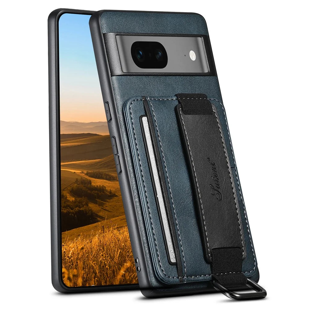 SUTENI H13 For Google Pixel 7 5G Leather Coated PC+TPU Back Case, Kickstand Card Holder Phone Cover with Hand Strap - Blue - 1
