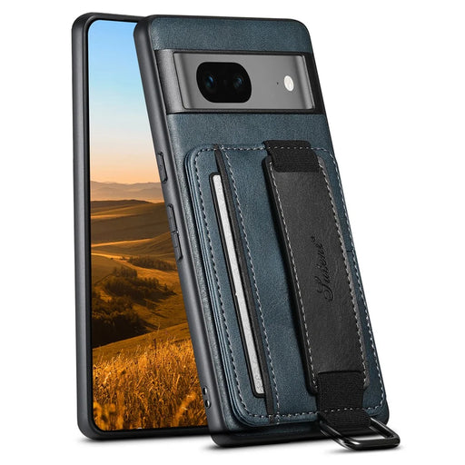SUTENI H13 For Google Pixel 7 5G Leather Coated PC+TPU Back Case, Kickstand Card Holder Phone Cover with Hand Strap - Blue - 1
