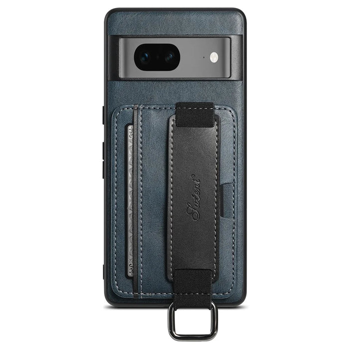 SUTENI H13 For Google Pixel 7 5G Leather Coated PC+TPU Back Case, Kickstand Card Holder Phone Cover with Hand Strap - Blue - 3