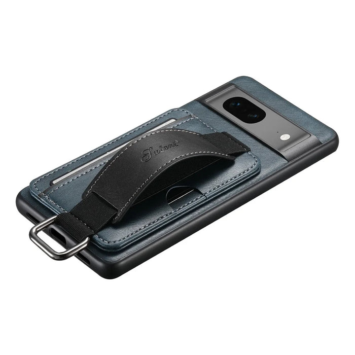 SUTENI H13 For Google Pixel 7 5G Leather Coated PC+TPU Back Case, Kickstand Card Holder Phone Cover with Hand Strap - Blue - 7