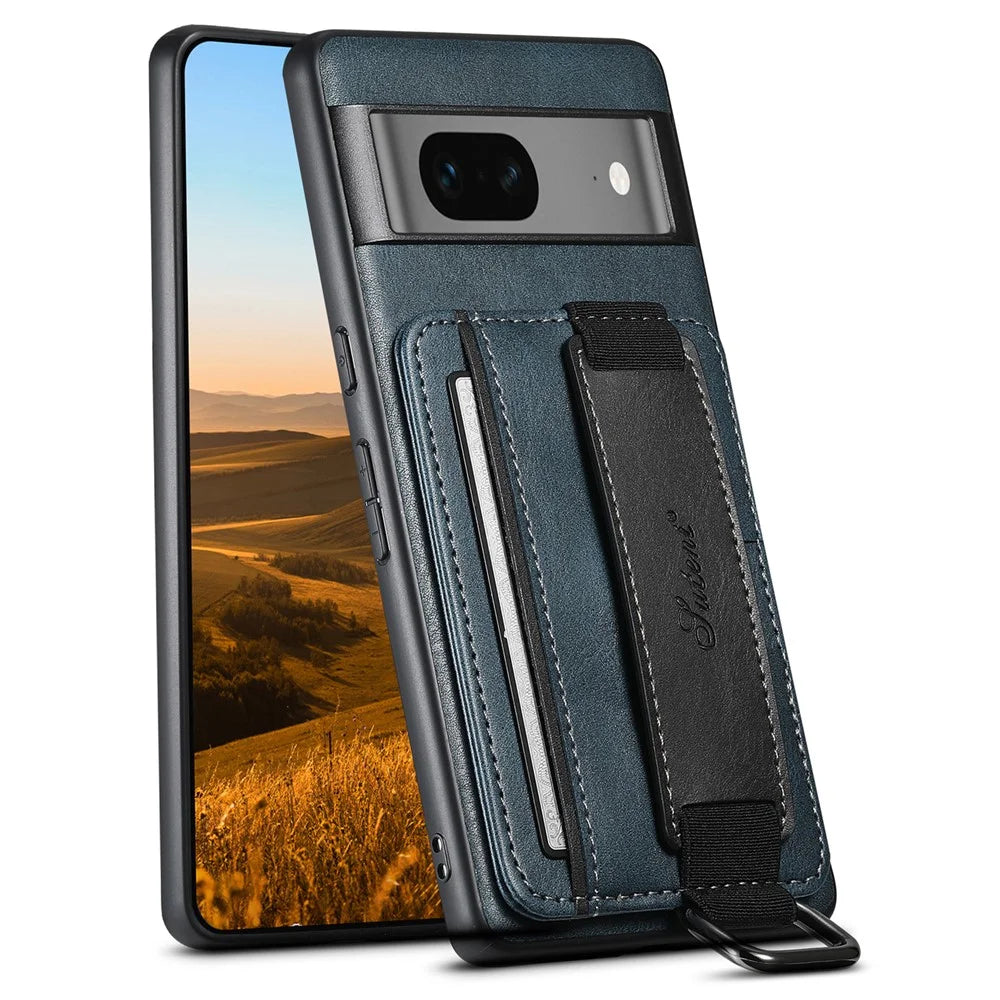 SUTENI H13 Leather Coated PC+TPU Case for Google Pixel 7a , Kickstand Card Holder Phone Back Cover with Hand Strap - Blue - 1
