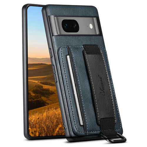 SUTENI H13 Leather Coated PC+TPU Case for Google Pixel 7a , Kickstand Card Holder Phone Back Cover with Hand Strap - Blue - 1