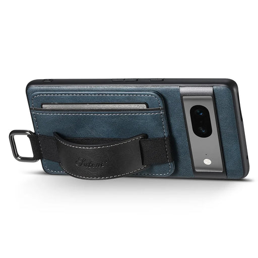 SUTENI H13 Leather Coated PC+TPU Case for Google Pixel 7a , Kickstand Card Holder Phone Back Cover with Hand Strap - Blue - 2