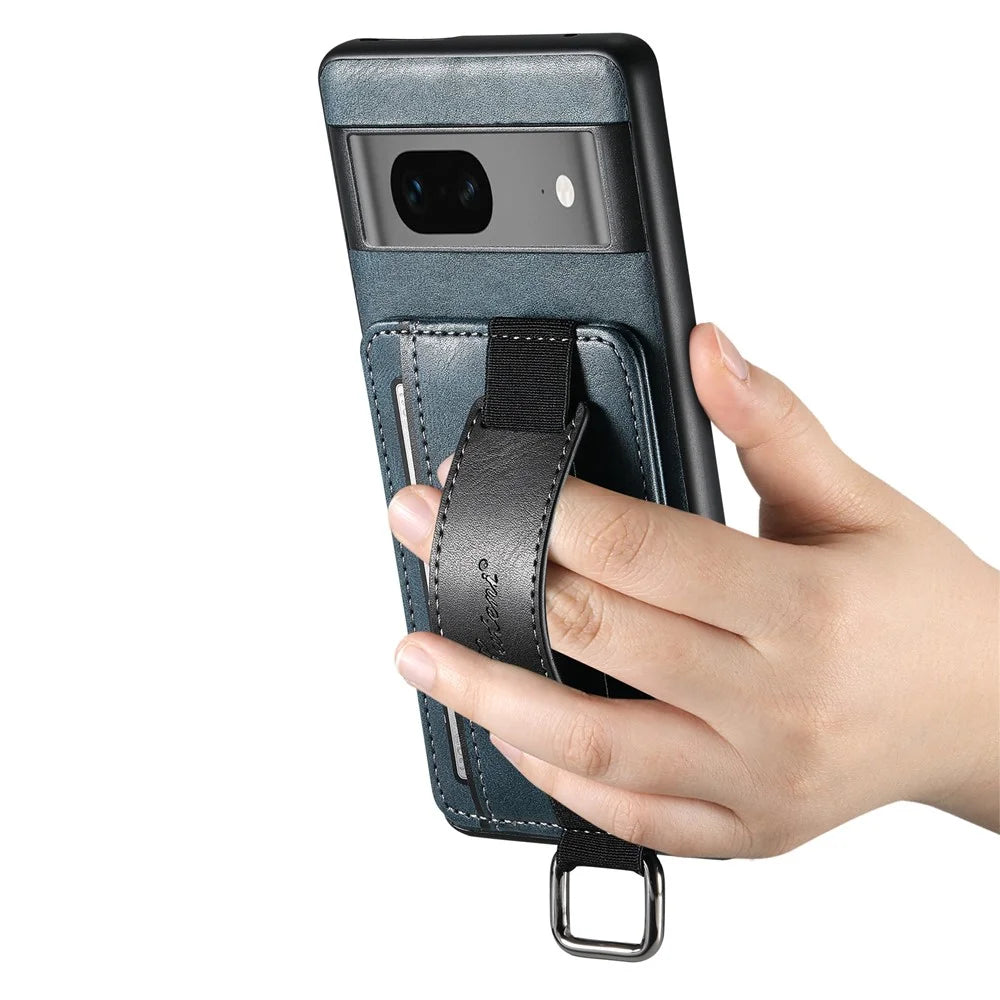 SUTENI H13 Leather Coated PC+TPU Case for Google Pixel 7a , Kickstand Card Holder Phone Back Cover with Hand Strap - Blue - 5