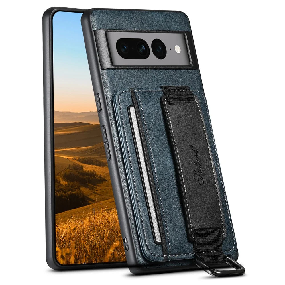SUTENI H13 Kickstand Back Case for Google Pixel 7 Pro 5G with Hand Strap, Leather Coated PC+TPU Card Holder Phone Cover - Blue - 1