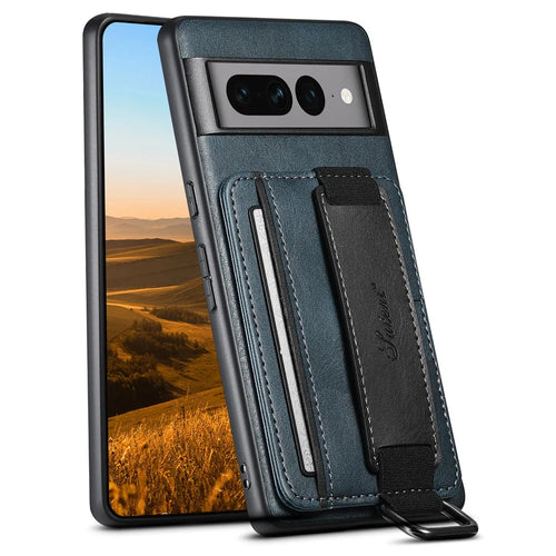 SUTENI H13 Kickstand Back Case for Google Pixel 7 Pro 5G with Hand Strap, Leather Coated PC+TPU Card Holder Phone Cover - Blue - 1