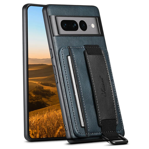 SUTENI H13 Kickstand Back Case for Google Pixel 7 Pro 5G with Hand Strap, Leather Coated PC+TPU Card Holder Phone Cover - Blue - 1