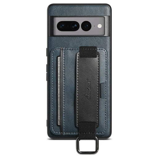 SUTENI H13 Kickstand Back Case for Google Pixel 7 Pro 5G with Hand Strap, Leather Coated PC+TPU Card Holder Phone Cover - Blue - 2