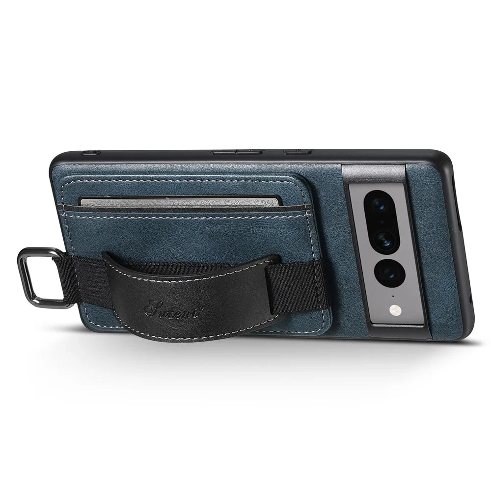 SUTENI H13 Kickstand Back Case for Google Pixel 7 Pro 5G with Hand Strap, Leather Coated PC+TPU Card Holder Phone Cover - Blue - 3