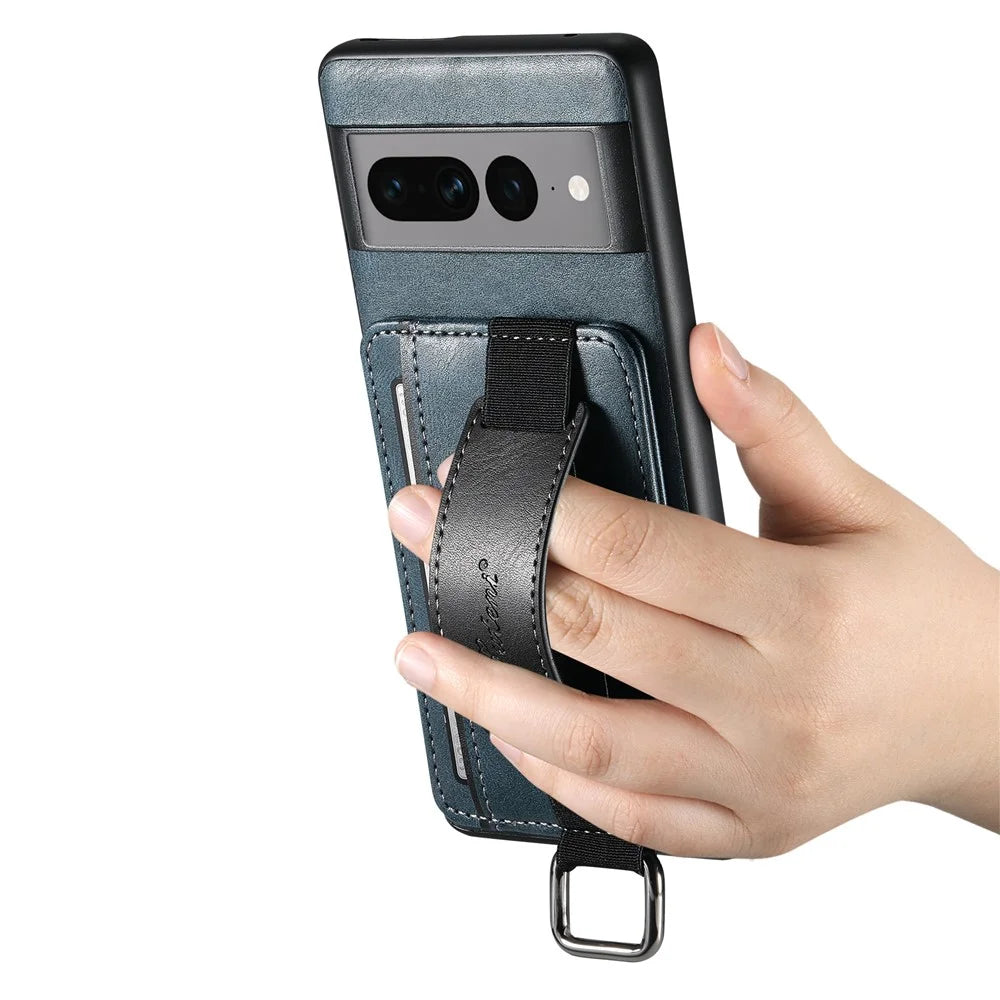SUTENI H13 Kickstand Back Case for Google Pixel 7 Pro 5G with Hand Strap, Leather Coated PC+TPU Card Holder Phone Cover - Blue - 5